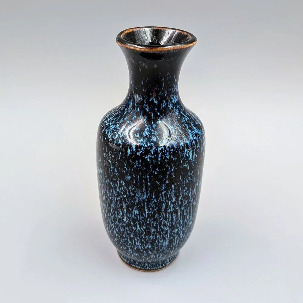 Vintage Miniature Blue Mottled Glaze Ceramic Vase | 5-Inch Decorative Bud Vase - Picture 2 of 5